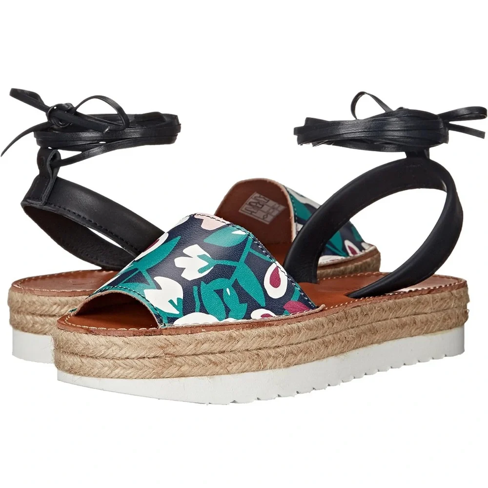 Delman Floral Espadrille Platform Sandals | Ankle Tie | Size 8